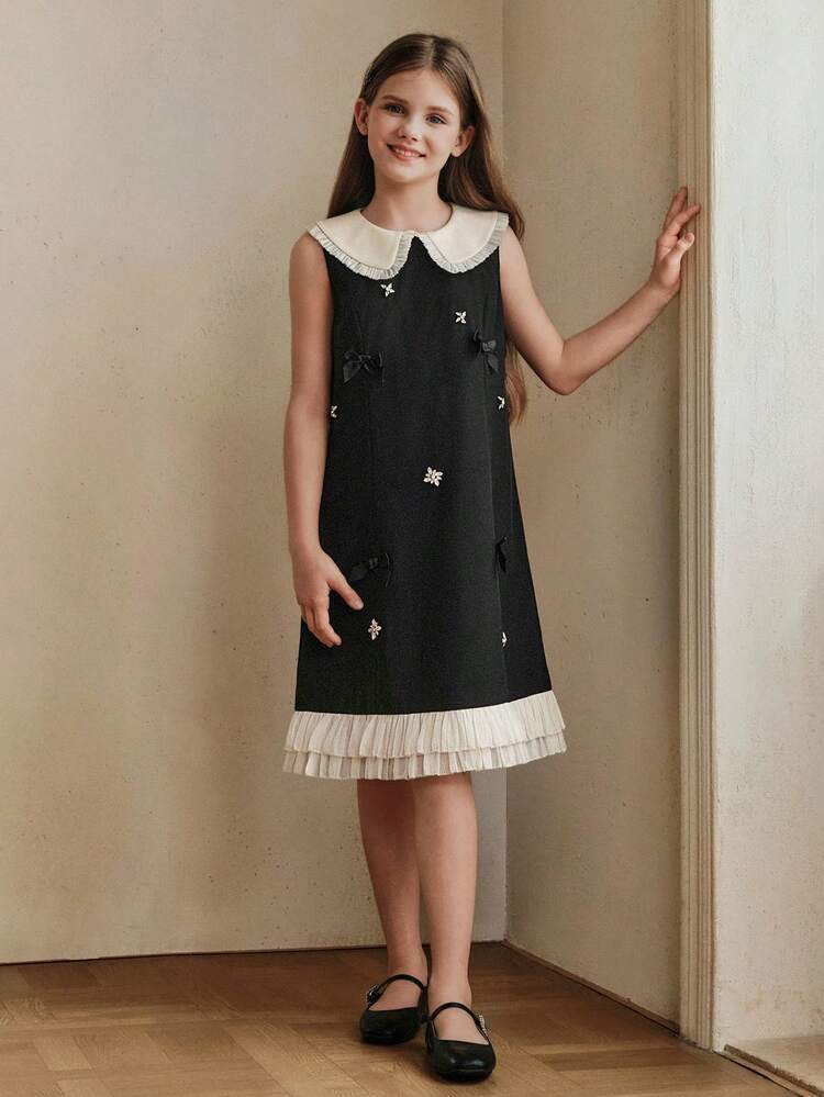 Spring/Summer New Black Dress, Fashionable High-End Luxury Rhinestone Bow Decor Midi Dress For Teens
