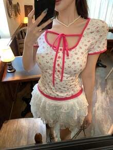 DAZY Women's Sexy Lace-Up Allover Print Short Sleeve T-Shirt - White - View 6