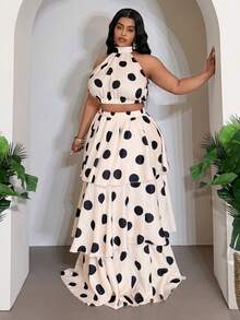 SHEIN CURVE+ Bộ váy hai mảnh cỡ lớn mùa hè mới + áo cỡ lớn dành cho nữ, hoàn hảo cho tiệc sinh nhật, tựu trường, mẫu giáo, trang phục học sinh, đi chơi hàng ngày, cơ bản và đa năng, giải trí, kỳ nghỉ, du lịch biển, bãi biển, tắm nắng, đồ đơn lẻ, phong cách đường phố, gợi cảm Y2K, thanh lịch và lãng mạn, lựa chọn hoàn hảo cho hẹn hò và mua sắm, áo không tay trễ vai cổ tròn, váy xếp ly nhiều lớp, bộ váy hai mảnh chấm bi cỡ lớn dành cho nữ - A - Nhiều màu - Xem 5