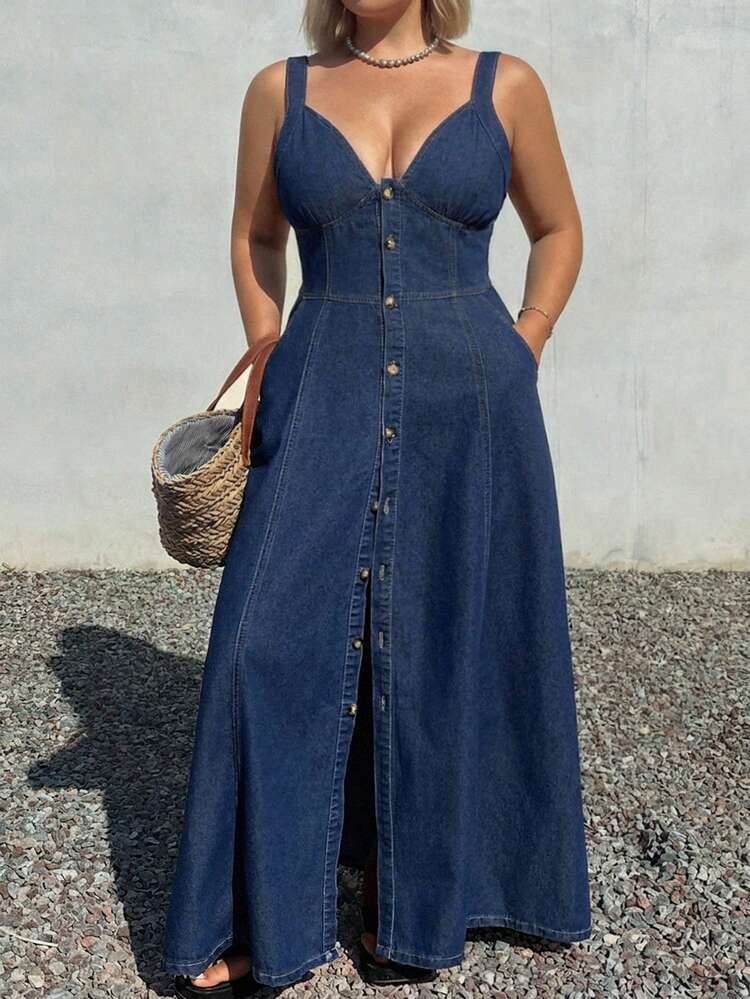 Dazy Plus V-Neck Sleeveless Cinched Waist Vacation Style Open Front Cowgirl Fitted Plus Size Women Spring/Summer Denim Dress