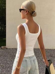 DAZY Áo camisole nữ cổ vuông ôm sát, chất liệu gân, thích hợp cho mùa hè. - trắng - Xem 4