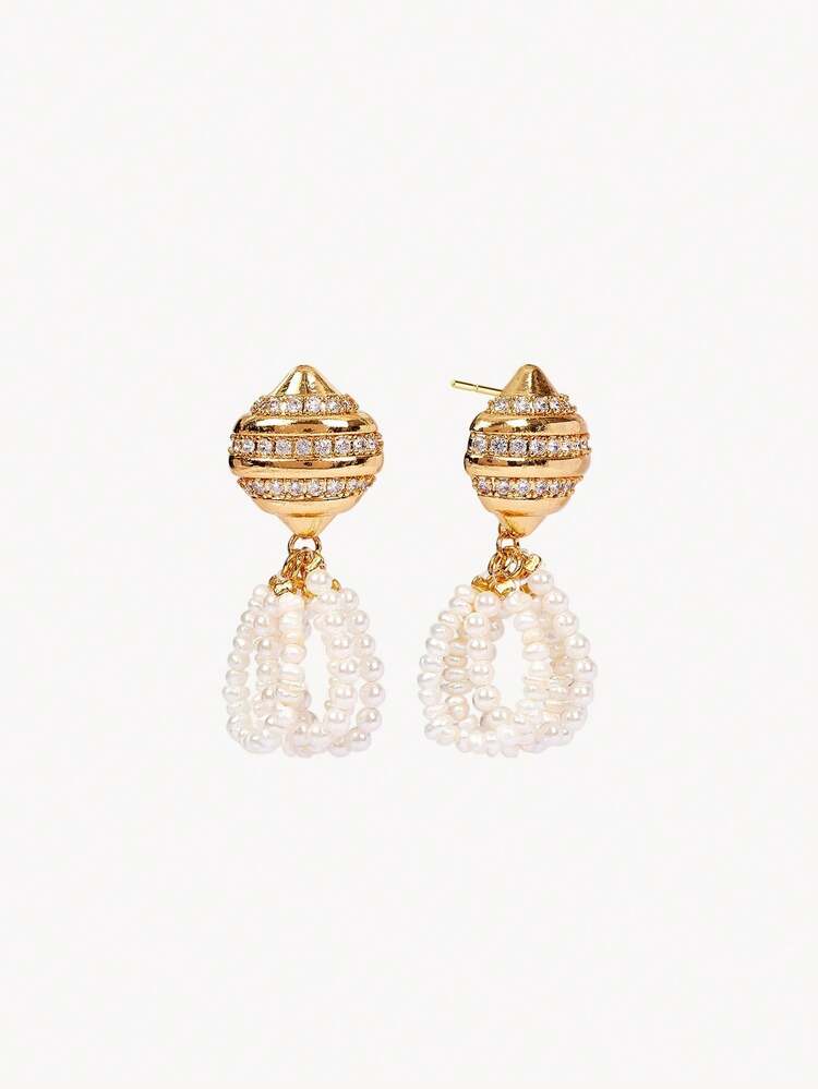 Opalesca 18K镀金锆石个性化简约珍珠耳环 - 金黃色 - 查看 4