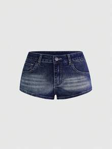 ROMWE Quần short denim cạp thấp thêu hình bọ rùa và quả táo vui nhộn thời Y2K - Màu xanh hải quân - Xem 2