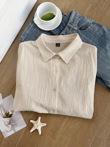 SHEIN Comfortcana Plus Size Casual Solid Color Shirt, Summer - Apricot - View 5