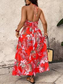 Breezaya Plus Size Women's Red Summer Tropical Print Backless Bow Tie Thigh High Slit Dress, Boho Satin Vacation Holiday Aloha Beach Party Wrap Around Outfits - Watermelon Pink - View 2
