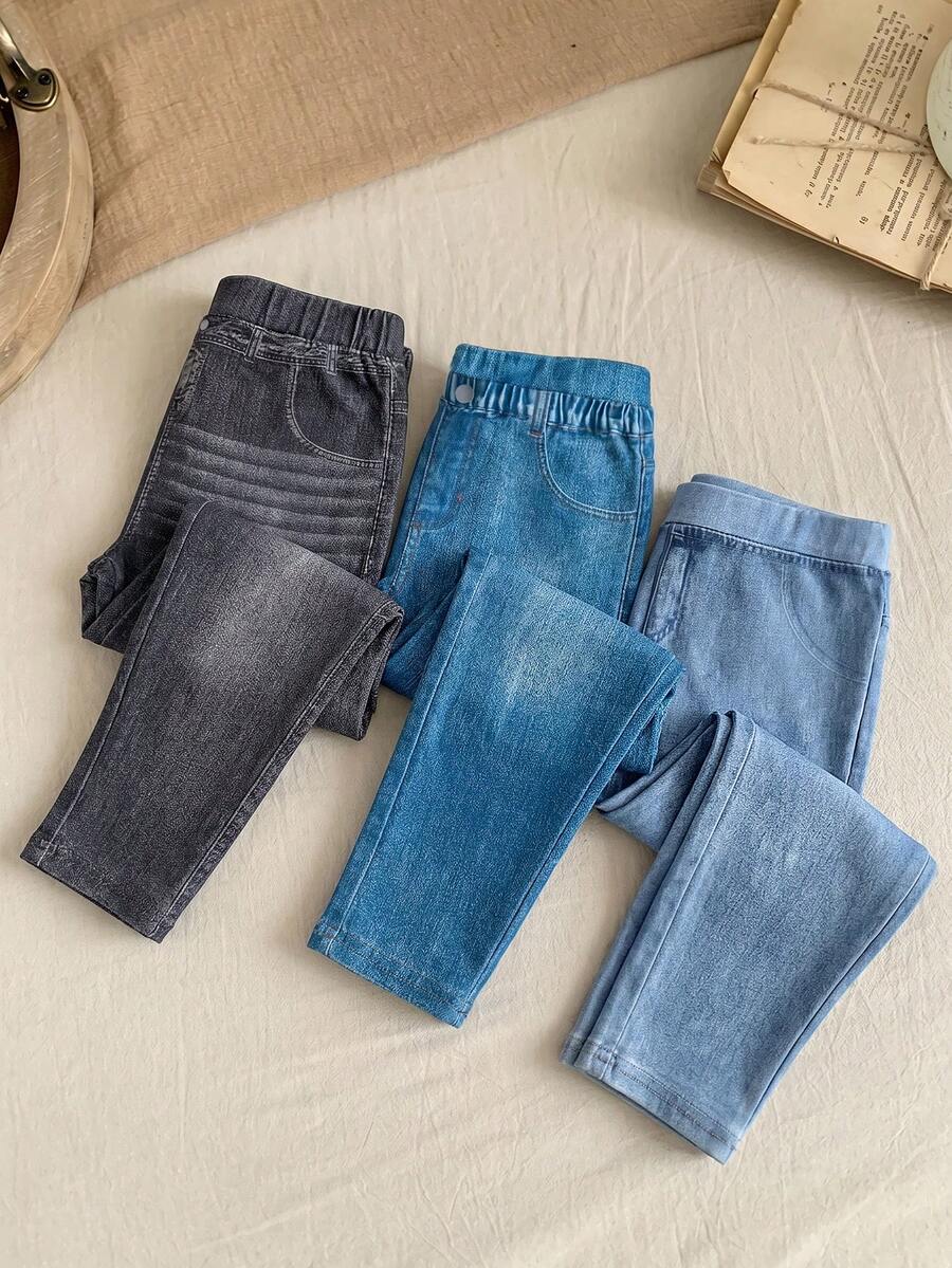 SHEIN LMoss Kids 3件組女嬰灰色藍色牛仔效果假牛仔褲,秋季休閒開學穿搭,彈性面料百搭舒適長褲,適合0-3個月日常穿著 - 彩色 - 查看 1