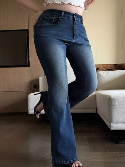 Dazy Plus Stretchy Fitted Washed Blue Flare Jeans, Versatile All-Season Plus Size Women Cowgirl Pants, Spring/Summer