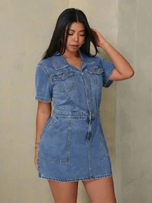 Rivivi 大码女式时尚百搭口袋纽扣短袖牛仔连衣裙 - 藍色 - 查看 6