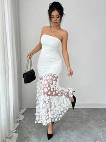 SHEIN Franclia Đầm dạ hội sang trọng, thanh lịch, phối ren hoa tương phản, eo thắt gọn, màu trơn, kiểu dáng gợi cảm dành cho phụ nữ. - trắng - Xem 3