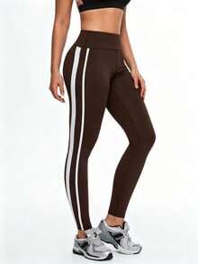 Eassivo Eassivo Quần legging thể thao nữ cạp cao, kẻ sọc bên hông, quần tập yoga. - màu nâu - Xem 3