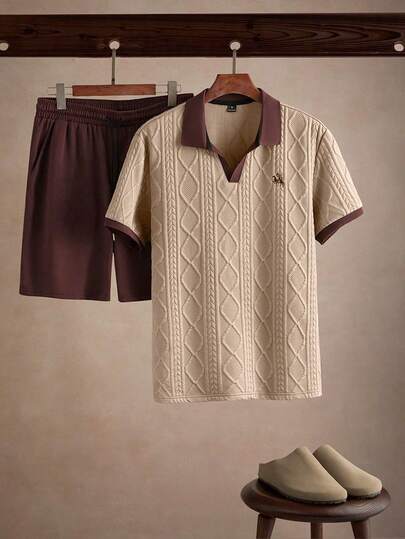 Core Aspect Men's Casual Short Sleeve Polo Shirt And Shorts Set, Knitted Crochet Fabric, Men's Casual Polo Shirt Outfit, Relaxed 2 Pieces Set. Also An Ideal Gift For Husband, Boyfriend Or Friend.