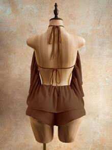 Mistrie Sexy Backless Halter Romper For Summer - Coffee Brown - View 7