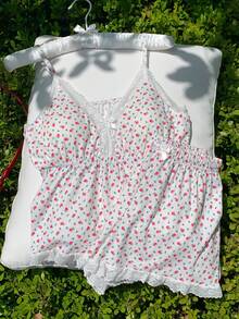 Comfortcana Bộ áo hai dây dệt kim họa tiết hoa nhí mùa hè có đệm ngực và quần short viền ren. - Nhiều màu - Xem 6