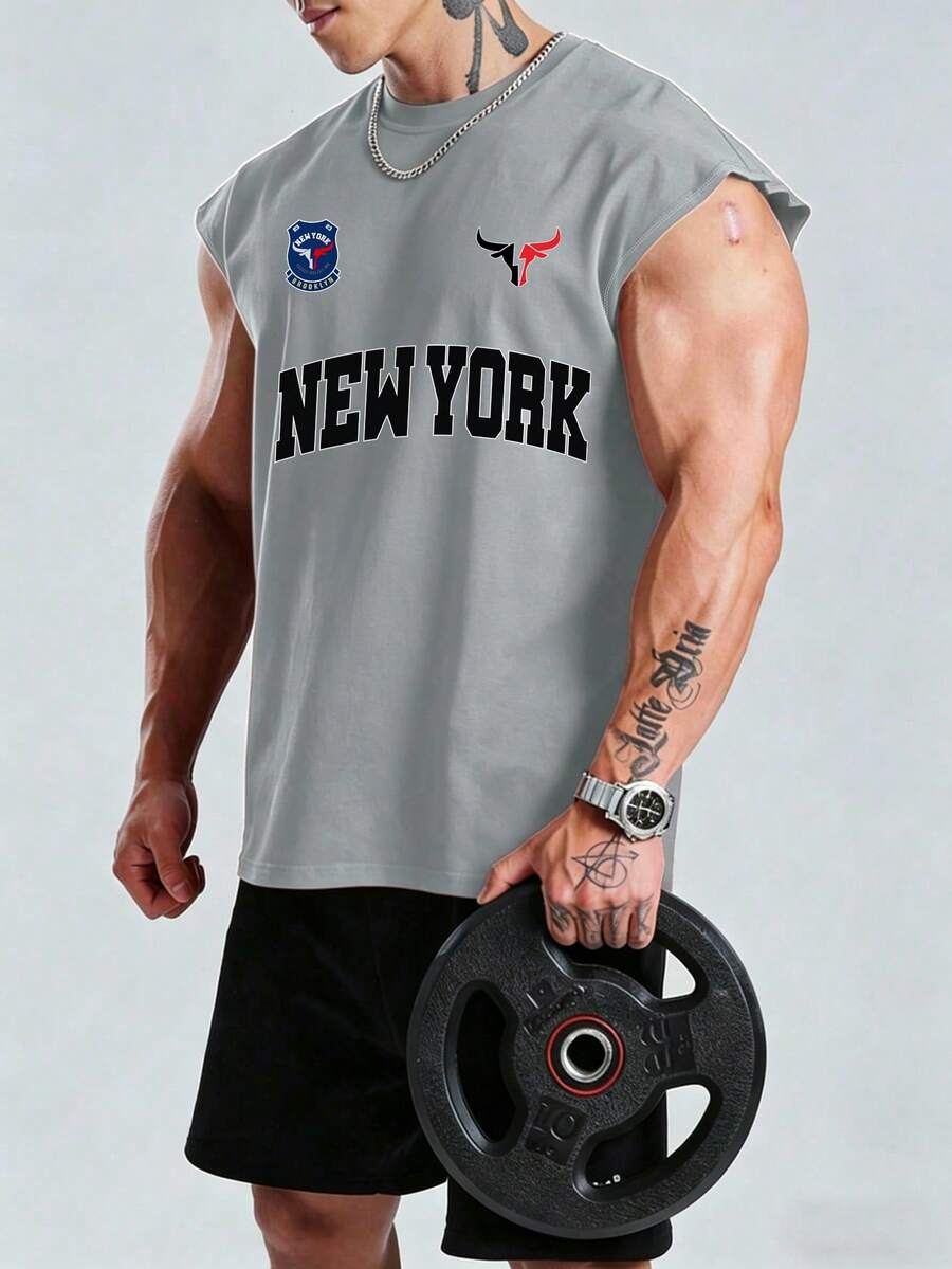 GymBeat Men's Letter Print Sleeveless Workout Tank Top - Light Grey - View 1
