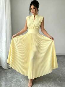 Modelyn Đầm midi nữ màu vàng nhạt dệt kim, không tay, cổ chữ V, xếp ly, thanh lịch, thích hợp đi làm. - Màu vàng - Xem 3