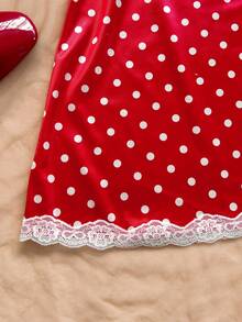 Soleia Women's Red And White Polka Dot Summer Cute Vacation V-Neck Lace Patchwork Fitted Mini Dress, Date Valentine's Day,Beach,Cruise,Boho Sexy Party - Red and White - View 4
