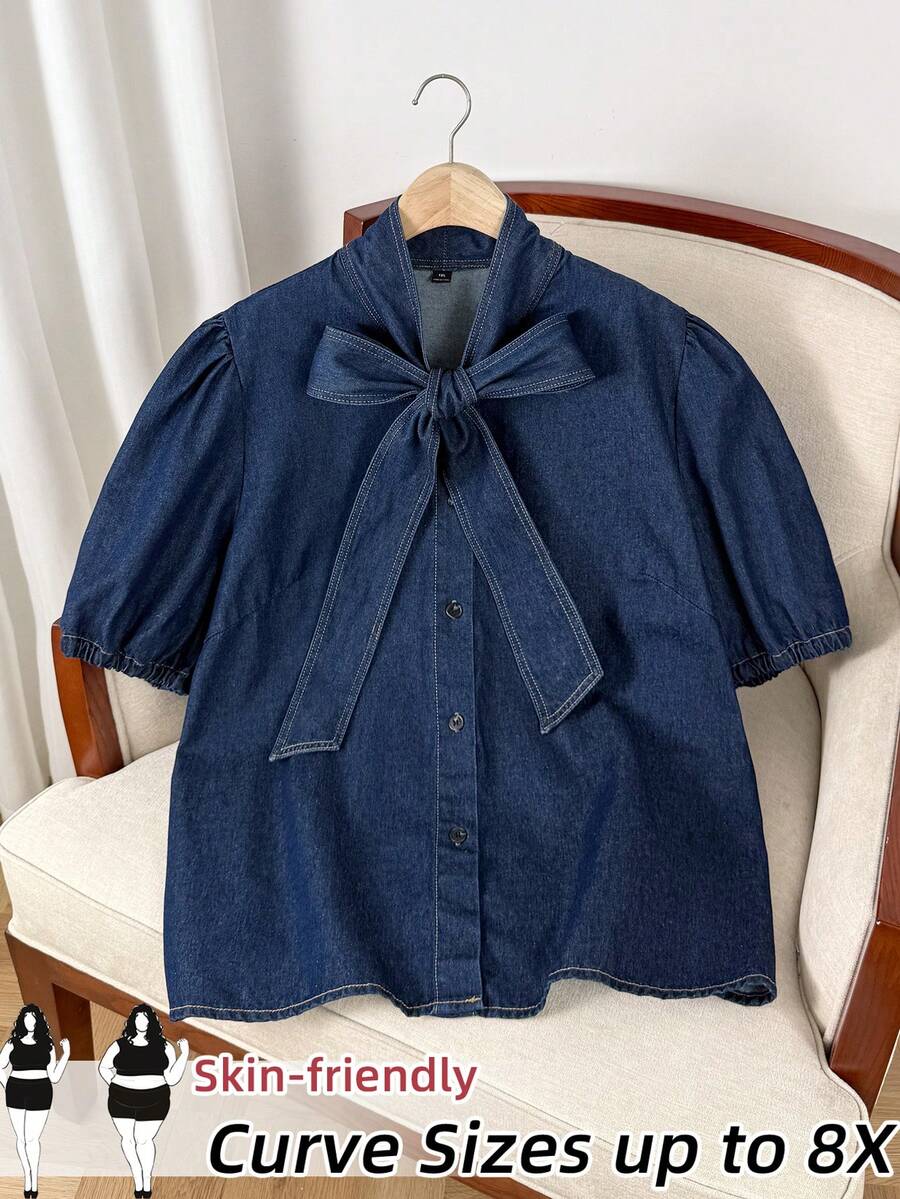 SHEIN CURVE+ 大码纯色系带领纽扣前襟休闲短袖牛仔衬衫 - 深色水洗藍 - 查看 1