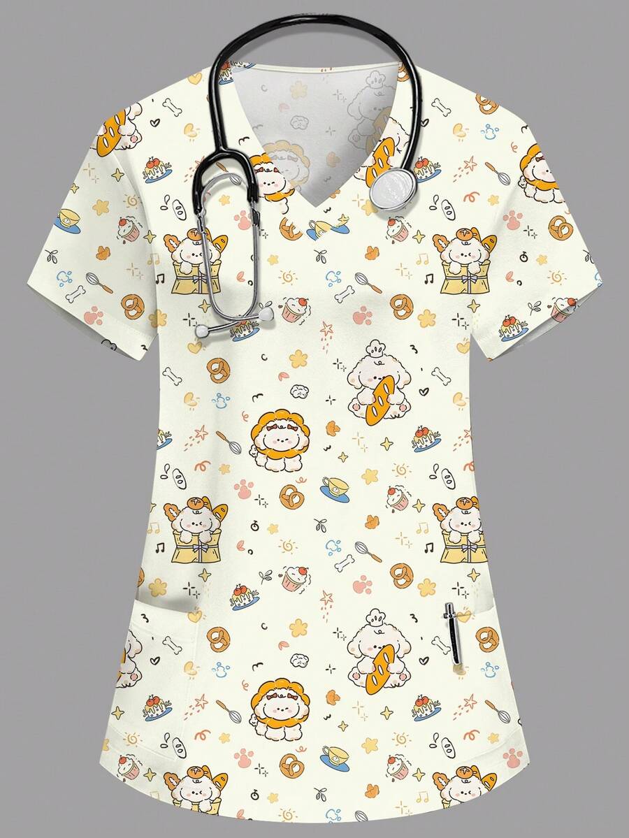 SHEIN 女士米色V领短袖双口袋可爱卡通图案工作服上衣,萌萌的小狗印花,护士医生工作服,纯色宠物美容工作服,营养师实验服,多口袋功能性工作服,女士假日实用套装,可爱 - 米色 - 查看 1