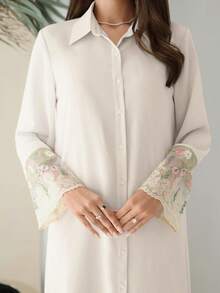 Al Najma Women's Floral Embroidered Mesh Patchwork Arabic Style Dress - Apricot - View 7
