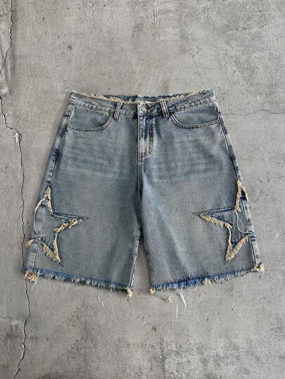AXEPEAK Men's Casual Denim Shorts With Pockets And Frayed Five-Pointed Star Design