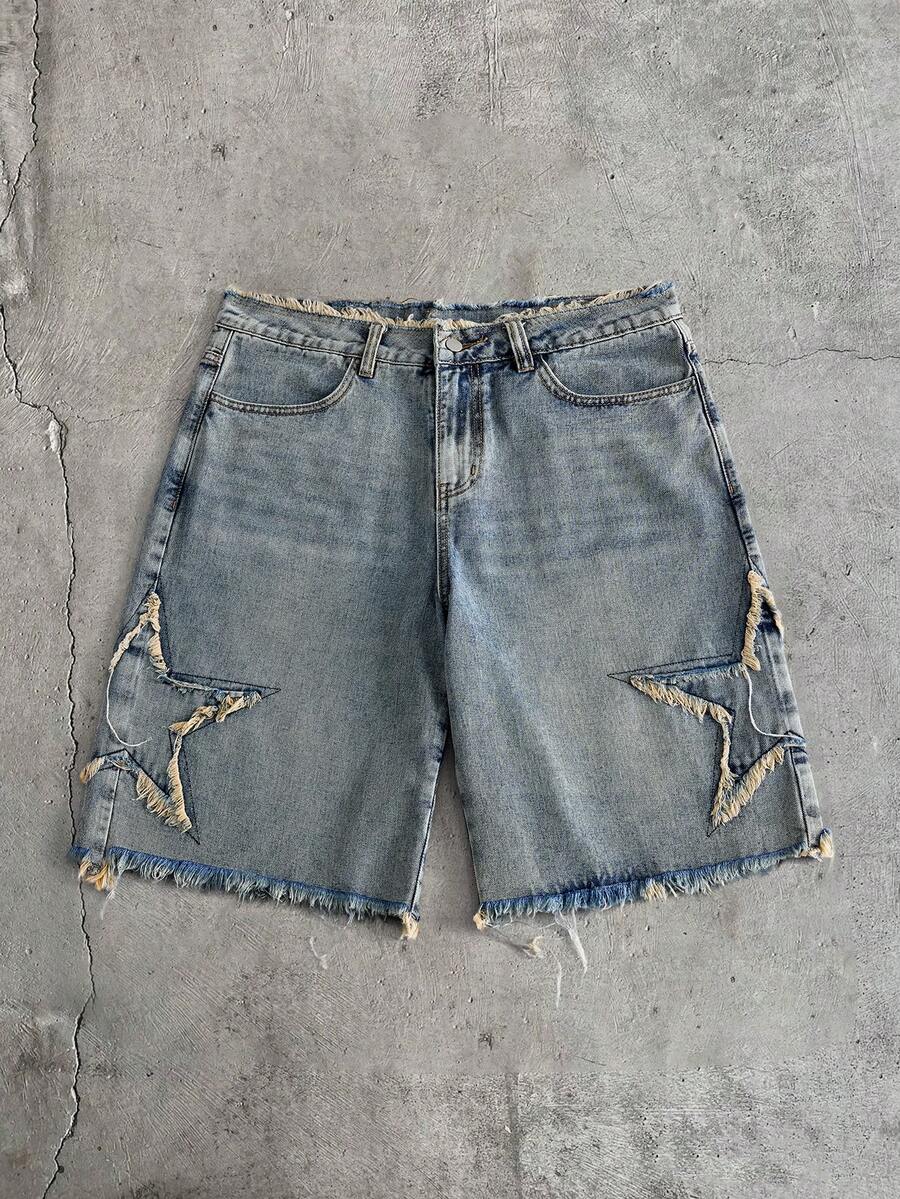 AXEPEAK Men's Casual Denim Shorts With Pockets And Frayed Five-Pointed Star Design - Blue - View 1