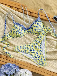 Swim Mod Summer Vacation Sweet Floral Ruffle Spaghetti Strap Backless Tie-Up Bikini Set - Multicolor - View 2