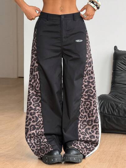 Coolane Women's  Summer Streetwear  Going Out Back To School Game Day Preppy Patchwork Black And Leopard Loose Wide Leg Pants Summer Outfit For Women Black Pants