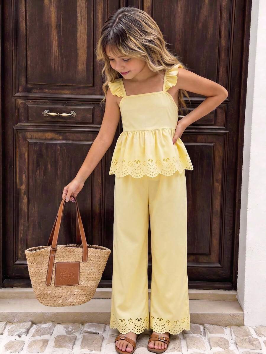 SHEIN Sparklyn Áo tank top hai dây màu vàng ôm sát, kiểu dáng thường ngày cho bé gái, thích hợp mặc đi nghỉ mát, du lịch, đi học và mặc hàng ngày. - Màu vàng - Xem 1