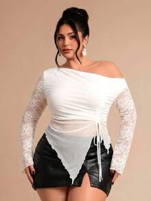SHEIN BAE Plus Size Women Mesh Bow Top, Elegant Summer Holiday Party, Suitable For Valentine's Day, Birthday - White - View 4