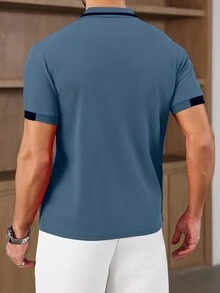 Manfinity Homme 男士對比色短袖休閒通勤 Polo 衫，正式款 - 藍色 - 查看 2