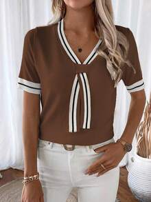 EMERY ROSE Atasan Rajut Lengan Pendek Bergaris Warna Kontras yang Modis dan Serbaguna untuk Wanita - Rust Brown - View 6