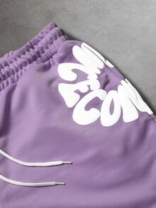 SLATEMANN Men's Letter Embossed Drawstring Waist Casual Shorts - Purple - View 5