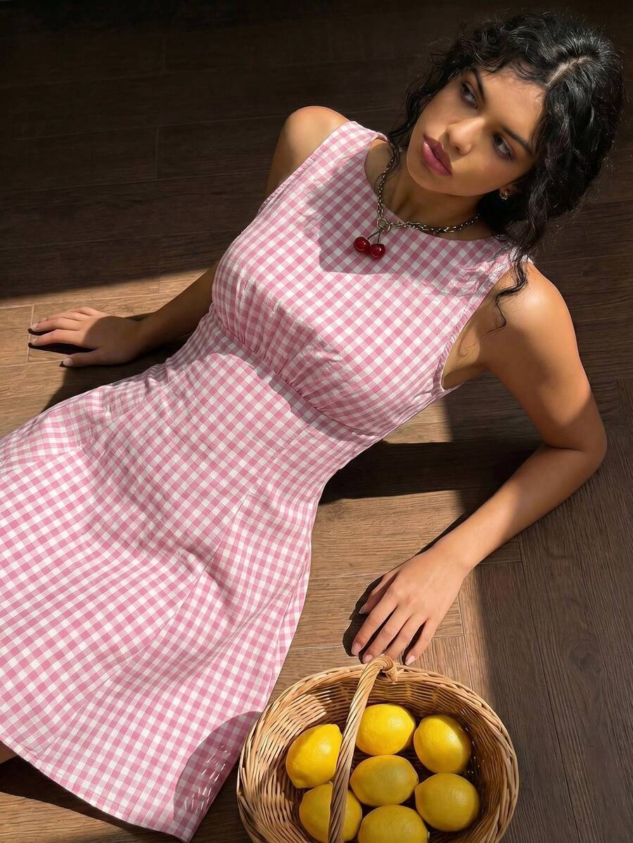 Sweetina Đầm ngắn không tay cổ tròn kẻ caro màu đỏ tía dành cho nữ, thích hợp cho kỳ nghỉ lễ Phục sinh, đi chơi, dạo phố, mùa hè. - Hồng - Xem 1