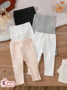SHEIN Playful Pals 5 pièces Pantalons skinny pour filles, blancs et noirs, texture côtelée, taille élastique, ourlet à volants, coton confortable, convient pour l'automne, décontracté, école, sorties quotidiennes, campus - Multicolore - Voir 3