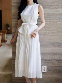 DAZY 女士休闲优雅办公套装，无袖长款马甲和半裙两件套，春夏款 - 白色 - 查看 4