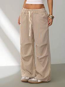 SHEIN PETITE Pantalones anchos de chándal de rayas básicos de verano para mujer - Caqui - Ver 7