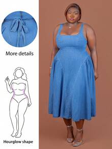 CurvyTilda Plus Size Women's Square Neck Ruffle Denim Sleeveless Dress, For Hourglass Body Shape - Blue - View 1