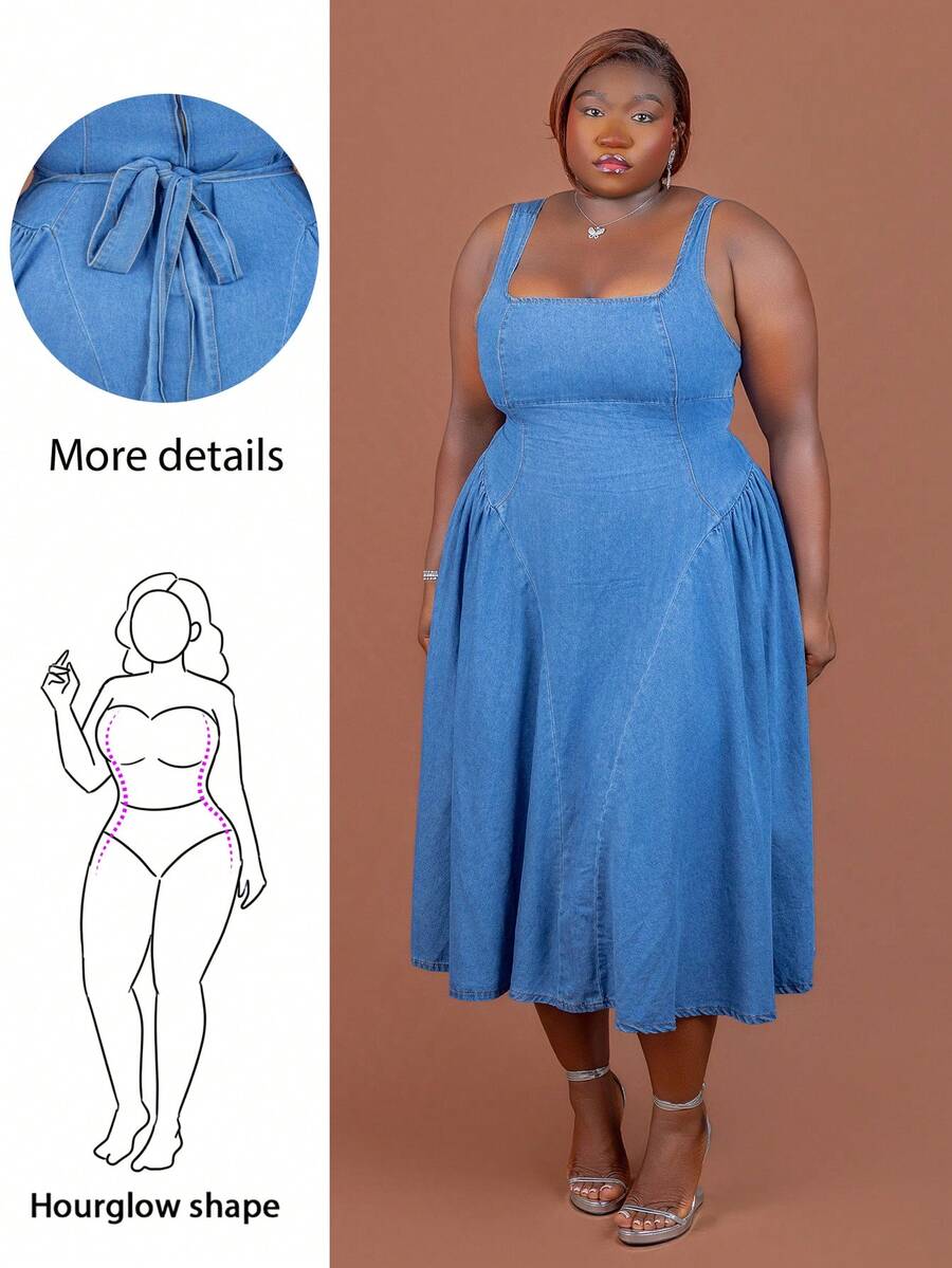 CurvyTilda Plus Size Women's Square Neck Ruffle Denim Sleeveless Dress, For Hourglass Body Shape - Blue - View 1