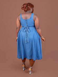 CurvyTilda Plus Size Women's Square Neck Ruffle Denim Sleeveless Dress, For Hourglass Body Shape - Blue - View 2