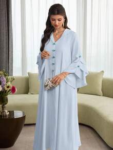 Al Najma Layered Floral Jacquard Hooded Cape With Ruffled Hem And Puff Sleeves, Elegant Robe - Blue - View 6