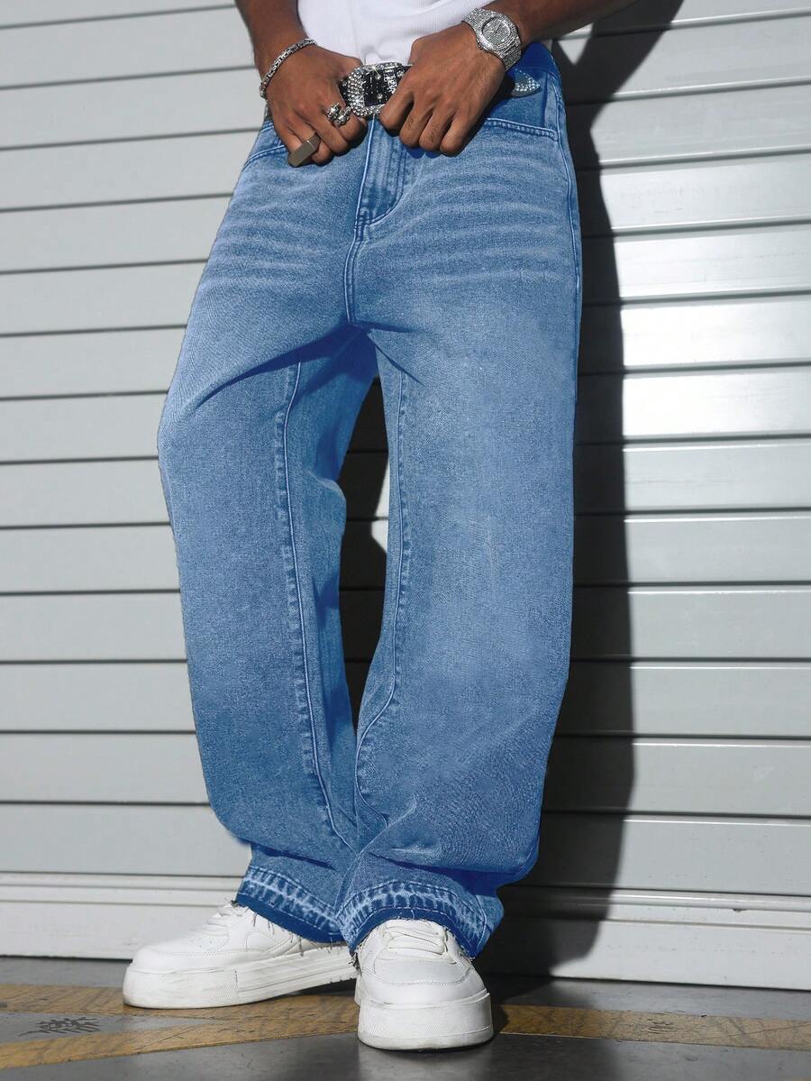 Manfinity EMRG Men's Casual Commuter Pants, Loose Straight Wide Leg Cement Gray Washed Design - Light Wash - View 1