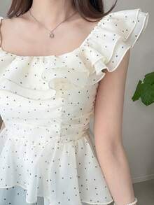 FRIFUL Áo kiểu nữ cổ vuông tay ngắn chấm bi, chất liệu vải, vạt áo bất đối xứng có bèo nhún. - Màu be - Xem 6