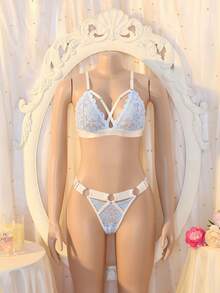 DelicateAllure Light Blue Triangle Cup Wireless Bra Set, Romantic & Elegant, Lace Patchwork Design, Slimming Effect - Baby Blue - View 6