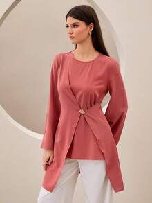 Asymmetrical Metal Buckle Accent Pink Shirt - Pink - View 3