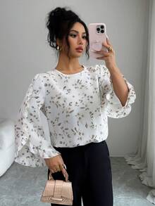 SHEIN Elenzya 新款春夏荷叶边碎花长袖宽松圆领衬衫 - 白色 - 查看 5