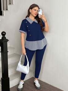 SHEIN LUNE Plus Size Women 2 Pieces Set: Button-Up Striped Blouse And Skinny Pants - Royal Blue - View 8