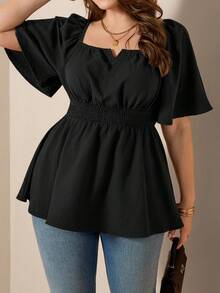 SHEIN LUNE Off-Shoulder Square Neck Flowy Hem Plus Size Blouse - Black - View 6