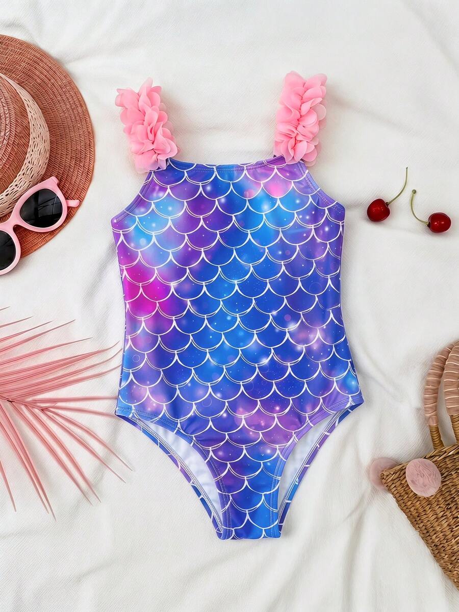 SHEIN Babygirl Cute Summer Casual Knit Colorblock Camisole Romper Swimsuit - Blue - View 1