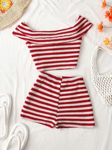 SHEIN Holidaya Striped Ruffle Sexy Crop Top And Casual Shorts Beach Outfit, Summer - Red - View 2