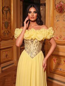Glamrae Đầm maxi đuôi cá màu vàng ánh kim lấp lánh, chất liệu chiffon, thanh lịch, lãng mạn, thời trang và trang nhã, phù hợp cho các bữa tiệc trang trọng, đám cưới, tiệc độc thân, dạ hội. - Màu vàng - Xem 6
